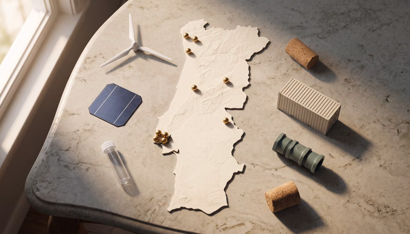 Editorial still life with a blank relief map of Portugal, brass markers, a solar cell, wind turbine, shipping container, laboratory vial, water fitting, and cork